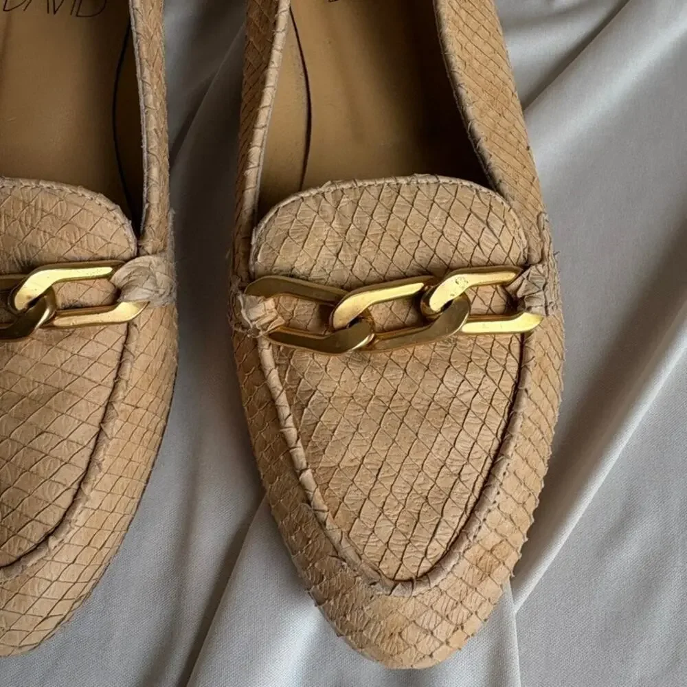 Joan & David Reptile Skin Loafers - Tan Beige, Gold Chain Detail, Size 7.5